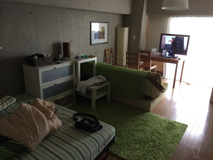 I rearranged the stuff in my apartment. Now I have a little bedroom area with dresser and carpet, couch facing TV on a table which is attached to my laptop, making that a workdesk, TV stand, and dining area.