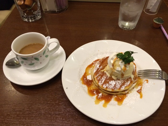 This is what breafast at Denny's looks like in Japan. That's ice cream and caramel and the envy of friends and family drizzled on top.